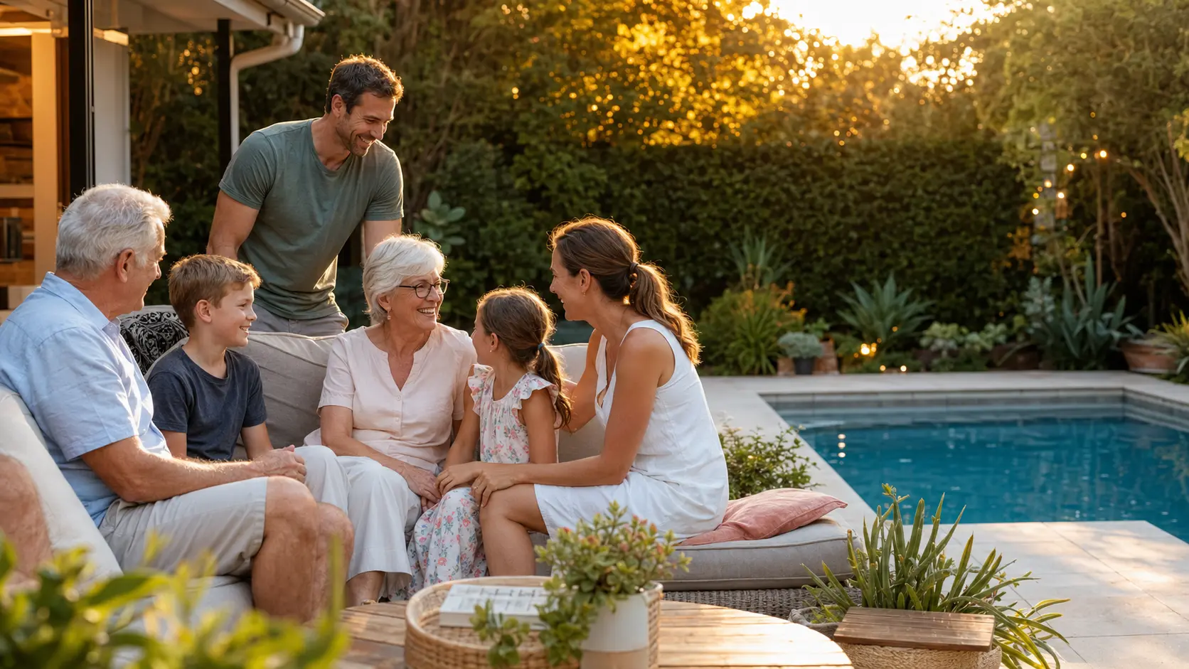 Multi-generational Australian family sharing stories beside their backyard pool