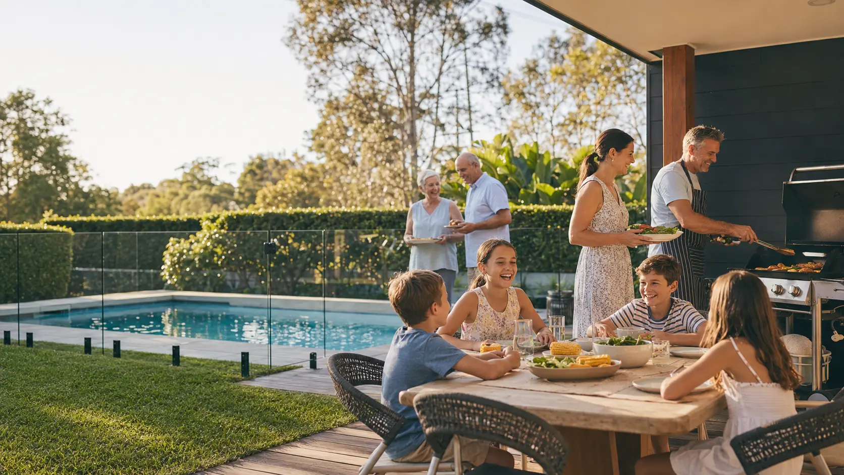 Australian family enjoying a backyard barbecue beside their swimming pool