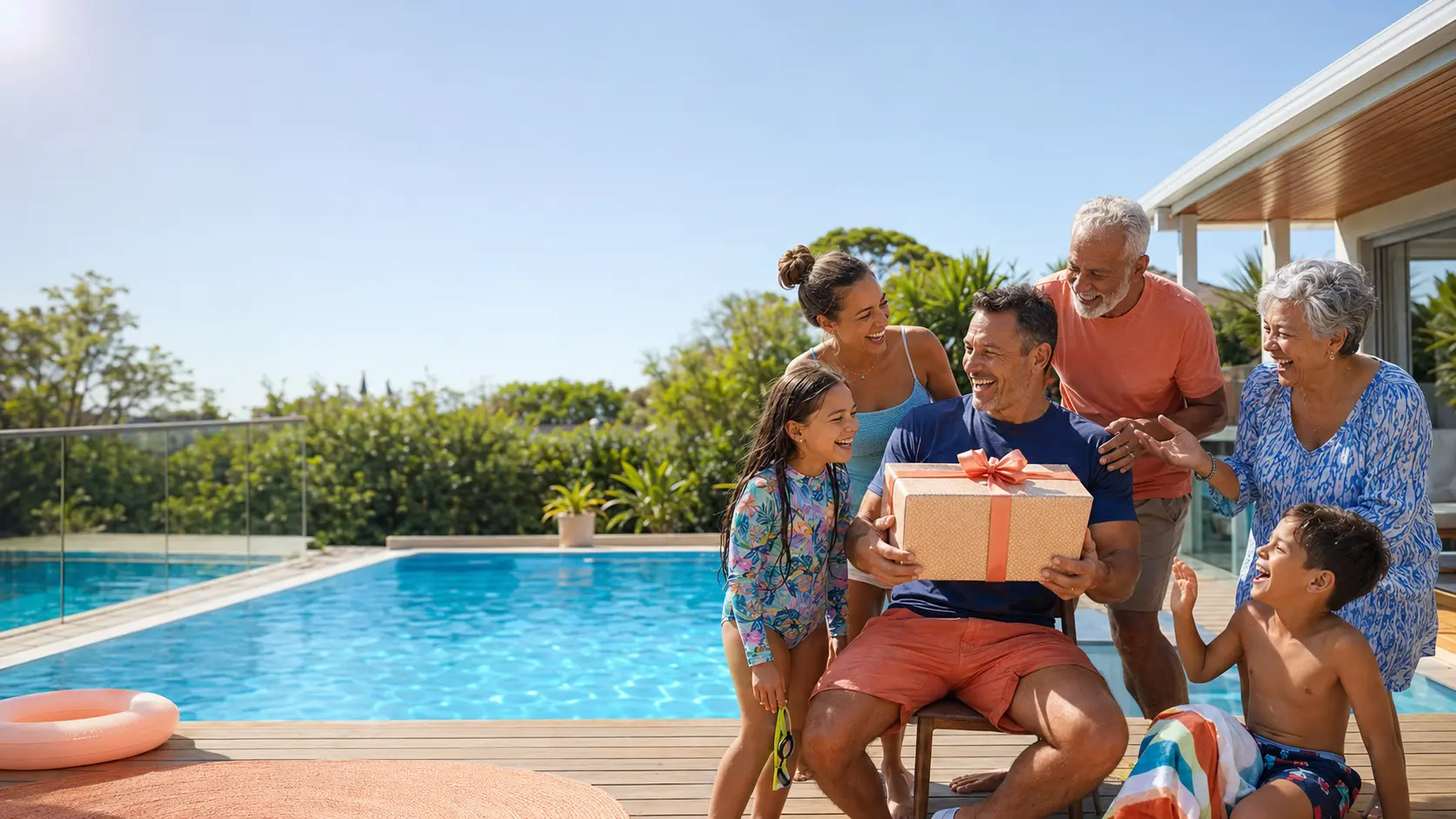 Australian family celebrating the monthly Aussie Pool Yarns prize beside their pool