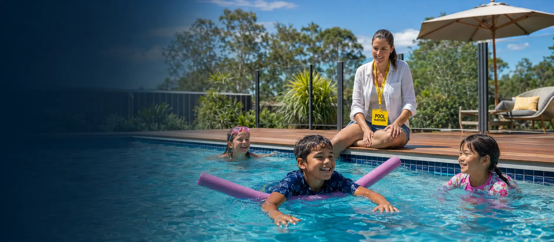 An attentive Pool Watcher supervising three children swimming safely in a backyard pool
